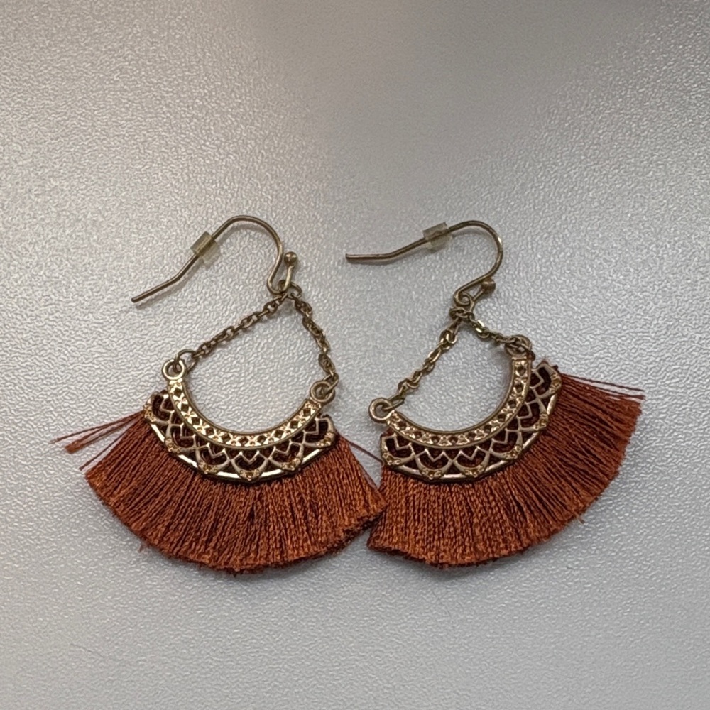 Maurices Rust Brown Fan Tassel Drop Earrings with Gold Accents